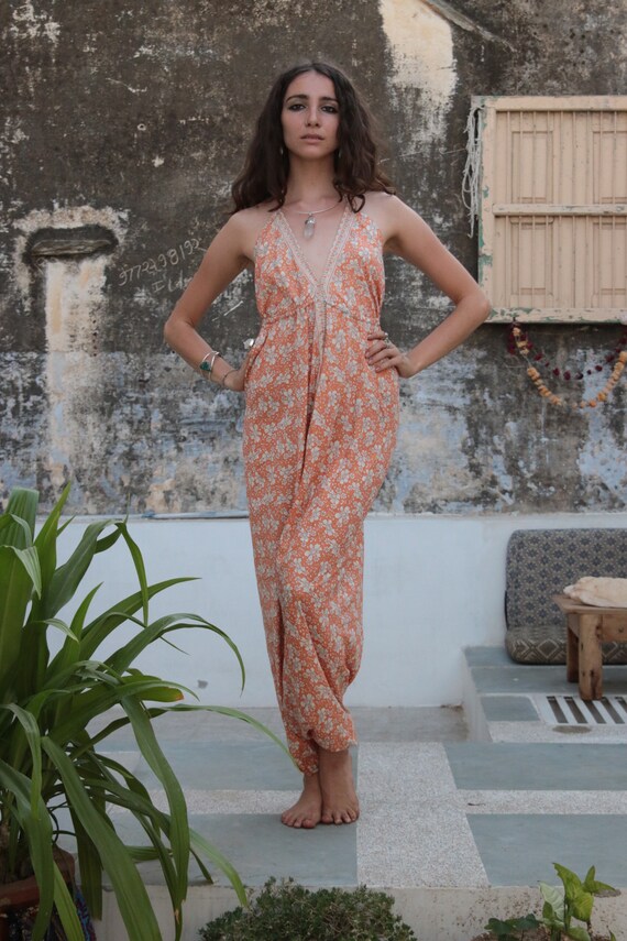 PEACH FLORAL JUMPSUIT - Christening - Summer - Prom - Vintage Style - Luxury - Wedding outfit - Festival - Halter neck - Couture - Bohemian