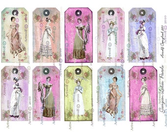 Instant DIGITAL DOWNLOAD Jane Austen TAGS Printable Birthday ChristmasTags Regency Pride Predjudice Fashion Ladies Roses pastel