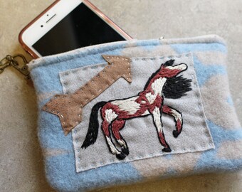 Hand Embroidered Folk Art Wristlet-Wild and Free Paint-Made with Pendleton Wool-Cell Phone-Money Holder