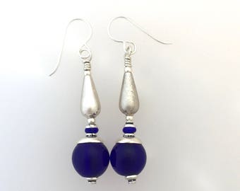 Cobalt Glass And Sterling Silver Earrings (ft)
