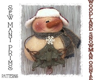 Primitive Snowman PATTERN Trapper Hat, Tree, Ornament- Woodland Ornie - Sew Many Prims - instant download
