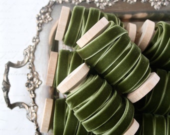 Olive Velvet Ribbon, 3 yards, Green Velvet Ribbon, 3/8" Velvet Ribbon, Velvet Ribbon Spool, Moss Velvet Ribbon, Olive Ribbon