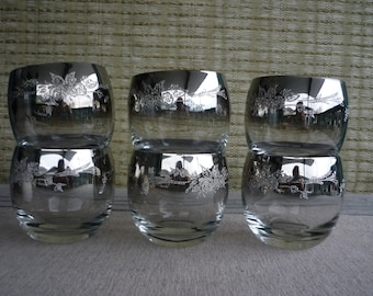 Vintage Embossed Floral Silver Ombre Roly Poly Glasses, Mid Century Barware, Set of 6