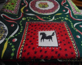 Vintage 1950's Barkcloth Era Kitsch Yellow, Black, Red, Bright Green, Forest Green Horses, Rooster, Castle Heavy Cotton Fabric, 8 yards