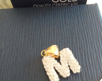 Initial pendant M, with cubic zirconia and gold clasp 24 k