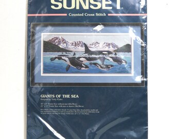 Sunset Counted Cross Stitch Kit 13636/ 1997 "Giants of the Sea" Orca Whale Dolphins/ Unopened