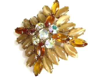 Topaz and Taupe Givre Rhinestone Brooch with Aurora Borealis Juliana style Vintage