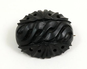 Antique Victorian Mourning Brooch, Carved Pressed Horn, 1880