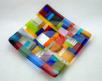 Large fused glass square plate or candle holder
