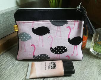 "Black and pink ostrich" suede pouch