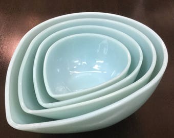 Fire King Delphite Blue Swedish Modern Teardrop Mixing Bowls