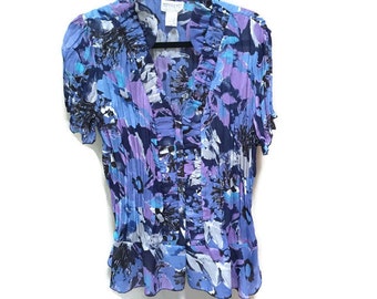 Plus Size Vintage Blouse, Blue Purple Floral Blouse Short Sleeve Blouse, 80s 90s Ruffle Blouse, XXL Vintage Blouse, Plus Size Blouse, 2XL
