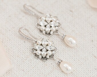 Bridal Earrings Vintage, Wedding Earrings Chandelier, Pearl and Crystal Earrings