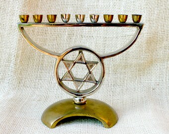 Vintage brass menorah with star of David // Two tone brass Menorah // 9 branch star of David Menorah