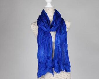 Bright Blue silk scarf / royal blue ruffled silk scarf / No iron scarf / Hand dyed / 100% habotai silk/ Shibori / scarves for women