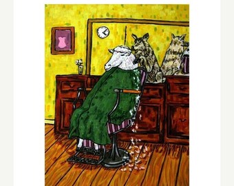 Wolf Giving Sheep a Haircut Art Print