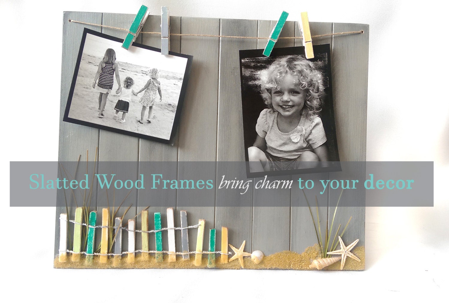 Slatted Wood Clothespin Picture Frame 10x12 Beach Photo