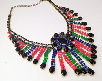 Neon Vintage Hand Painted Rhinestone Statement Necklace - Bib