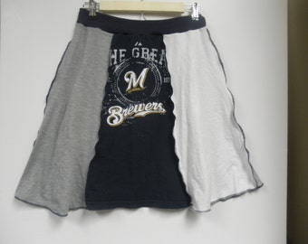 Handmade, recycled, grey, white and navy t-shirt skirt for the Brewers