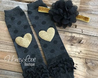 Gold glitter heart gray black polka dot ruffle bottom leg warmers stockings leggings, black flower headband bow, baby toddler little girl