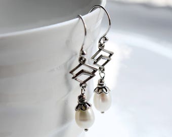 White Pearl Earrings, sterling silver, genuine pearls, bridal, wedding, boho dangle earrings, June birthstone, holiday gift for her