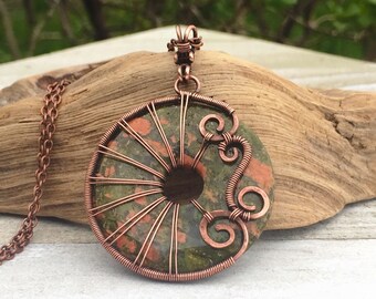 Unakite Donut Pendant, Unakite Wire Wrapped Pendant, Unakite Copper Necklace