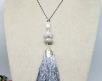 Grey SilverTassel Pendant , Boho Pendant, Beaded Pendant,Pendant Necklace ,Tassel Pendant ,Handmade Jewellery ,Wearable Art ,Boho Necklace