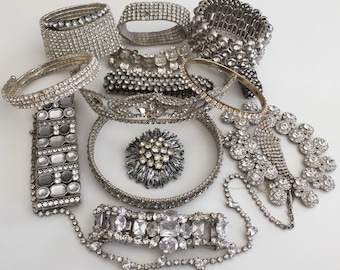 Clear Rhinestone Broken Jewelry Lot Vintage Harvest Repair Craft Repurpose Salvage DIY Weddding Bridal Bouquet Decor Costume Jewelry