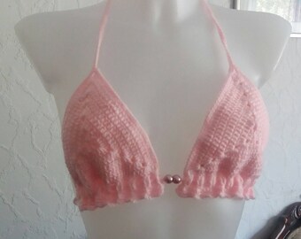 Pink Crochet Bralette Crop Top in size extra small, small, medium and large