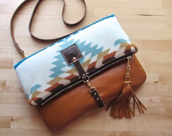 Southwestern Wool and leather bag, Large Leather foldover clutch, leather bag, wool fabric and leather clutch, leather wrist strap, boho