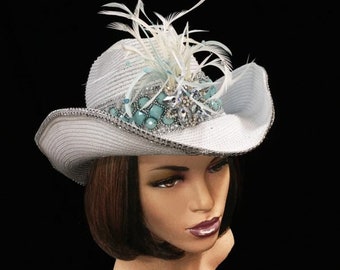 White and Aqua Feather cowgirl hat