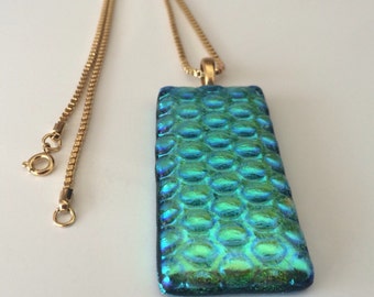 Swimming Pool Blue Dichroic Fused Glass and Gold Plated Chain Pendant Necklace