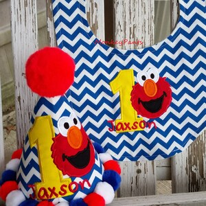 Boys 1st Birthday Hat - Elmo Birthday Party - Elmo 1st Birthday Hat & Bib Set - Chevron Party Hat - Personalized Elmo Party Hat