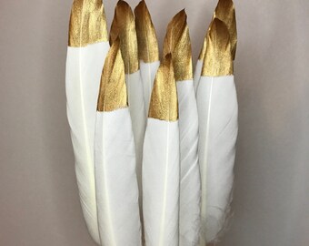 Hand Painted Gold Tipped White Goose Feathers 4-6" Long - Great for weddings, arts + crafts, jewellery, DIY decorations + dream catchers!