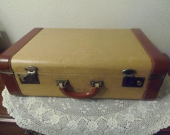 SALE-Luggage Vintage Tweed Suitcase Tables Shelf Storage Recycle Reuse