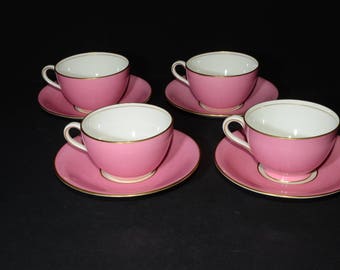 Antique, AYNSLEY, 1905-1925, Bone China, Pink Teacup and saucer, 4 sets, Gold Rimmed, England, Vintage, Cup, Gold design