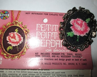 1970s Vintage Petit Point needlepoint pendant brooch rose design handmade