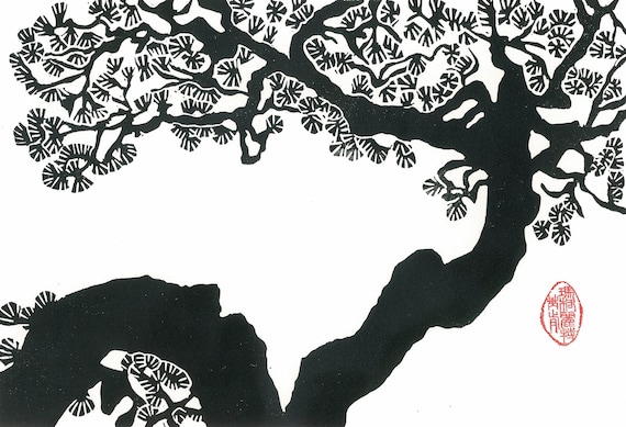 Linocut print twisted pine black and white japanese style Linocut print twisted pine black and white japanese style