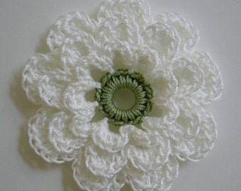 Crocheted Flower - White with Sage Green - Cotton Flower - Crocheted Flower Applique - Crocheted Flower Embellishment