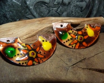 Reserved Nady * copper Charms, enameled, yellow, caramel, orange-45 x 20 mm-copper charms and trinkets half moon-Abstract-Handmade