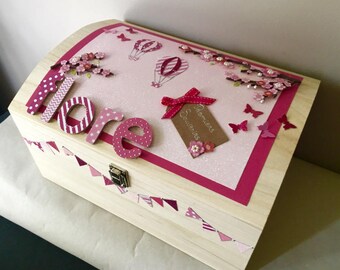 Size large chest keepsake - birthday gift - great baby gift box customizable wood - cherry blossoms (fuchsia theme