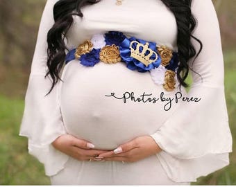 Prince Royal Blue & Gold Boy Maternity Sash King Crown Baby Shower Belly Photo Shoot