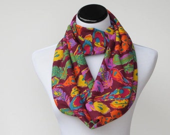Feathers infinity scarf soft jersey knit scarf boho bohemian burgundy maroon green purple lilac orange colorful scarf - loop scarf