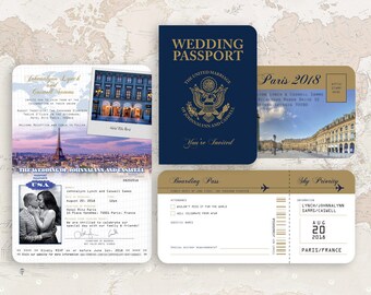 USA Paris Wedding Invitation with matching Ticket RSVP
