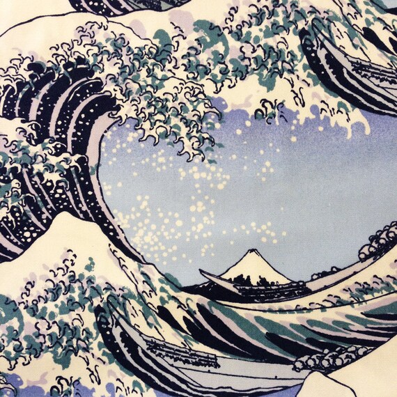 Hokusai Great Wave Off Kanagawa Japanese Oxford cotton in blue