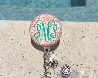 Retractable Badge Holder, Personalized Badge Reel, Monogram Badge Reel, Doctor Badge Reels, Pharmacy Badge Reels, RN,MD,Preppy Blossom,MB439