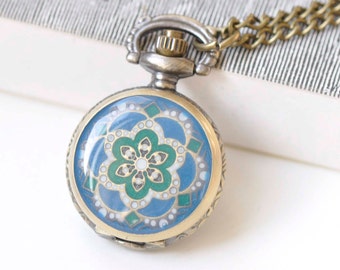 1 PC Antique Bronze Blue Enamel Flower Small Pocket Watch 27mm A1178