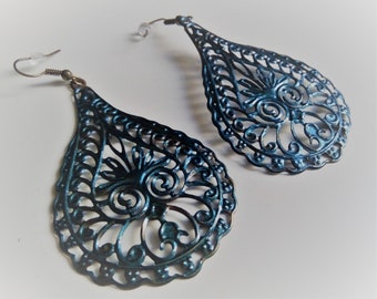 The entire pendant and Brass filigree Teardrop Earrings 6 x 4 cm green greenhouse gray antique or old silver