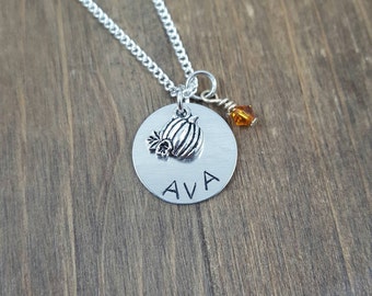 Personalized Pumpkin Necklace - Hand Stamped Autumn Necklace - Name / Birthstone Necklace - Pumpkin Necklace - Halloween Gift