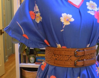 Vintage 1970s Hawaiian blue floral caftan kaftan maxi dress O/S medium large extra